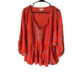 Red Camel Plus Orange Lace Peasant Top 3X Boho Embroidered Sequin Tassel Blouse